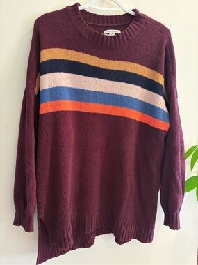 American Eagle Outfitters Maroon Crewneck Sweater with Multicolor Stripes